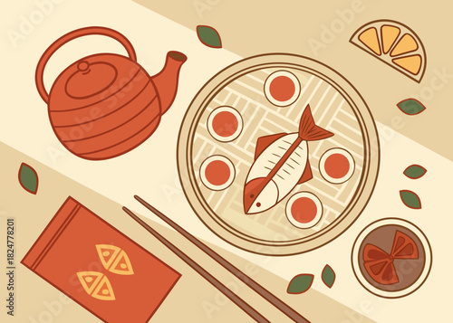 Lunar New Year Family Reunion Dinner Flat Lay Vector Illustration