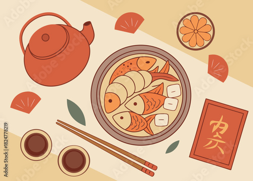 Lunar New Year Family Reunion Dinner Flat Lay Vector 