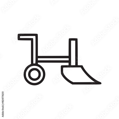 A simple black outline drawing of a garden tiller with a handle and wheels on a white background