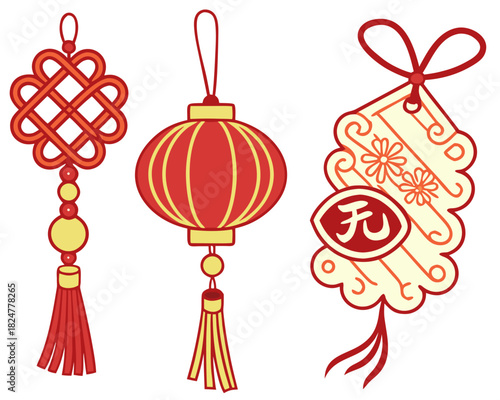 Red Chinese Tassel, Knot, and Lantern Icon Collection
