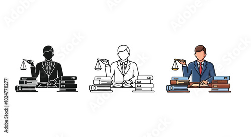 Lawyer or judge at desk with law books and scales of justice, in three unique styles
