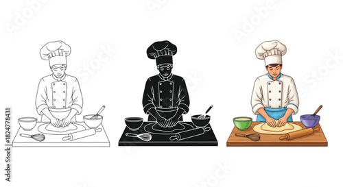 Chef kneading dough in three styles line art, silhouette, and full color illustration, depicting baking preparation