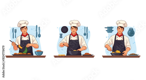 Male chefs in uniform preparing and cooking food, demonstrating culinary techniques
