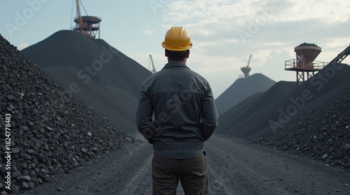 Industrial coal stockpiles with worker standing in hard hat mining site