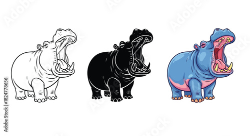 Hippopotamus illustrations outline, black silhouette, and colorful cartoon hippo with open mouth