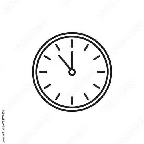 A simple clock icon showing eleven o clock with a black outline on a plain white background design element