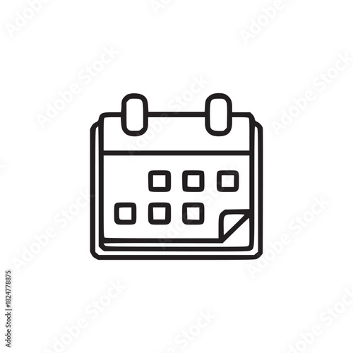 A simple line drawing of a calendar with a page curl and squares representing dates on a white background