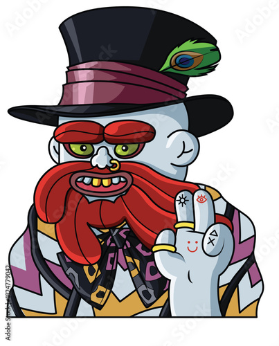 Eccentric cartoon man with a red beard and top hat showing his middle finger.