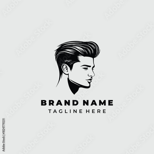 Minimalist black and white logo design of a man's head with a stylish pompadour haircut for a brand.