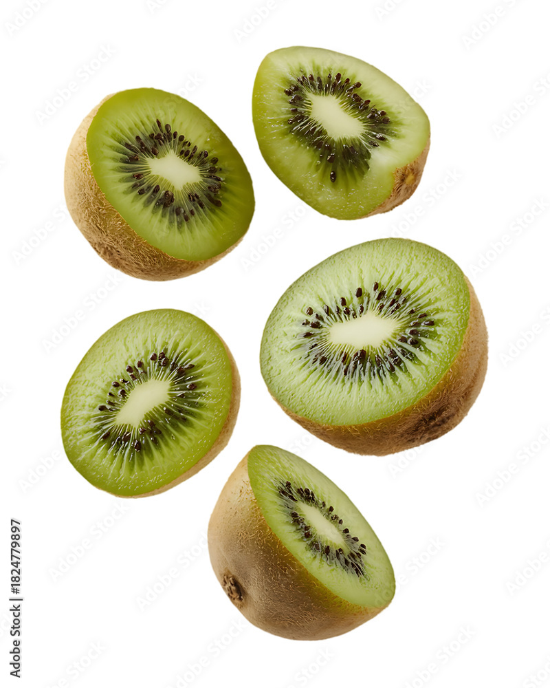 Fototapeta premium High resolution product photo of vivid green kiwi fruit halves and slices floating in the air isolated on transparent background healthy organic tropical snack