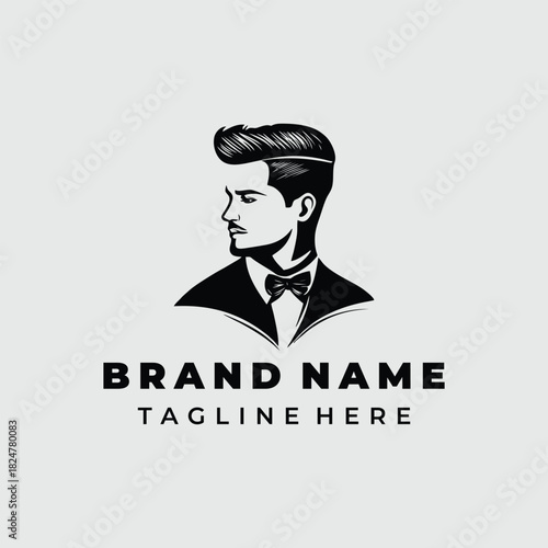 A stylishly dressed man with a prominent hairstyle and a bow tie, depicted in a classic black and white logo.