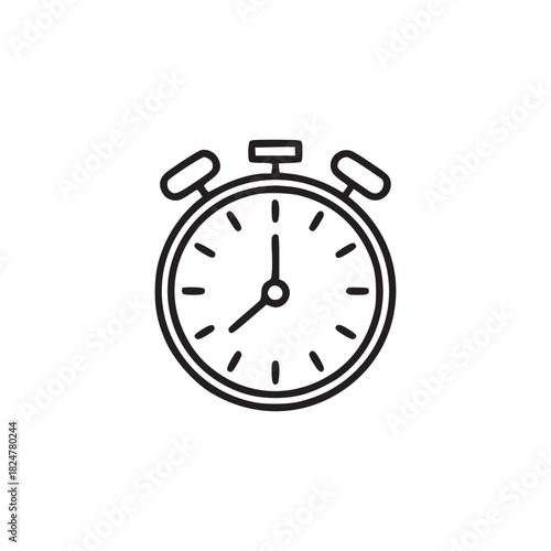 Illustration of a classic alarm clock with bells on top and hands showing the time in black outline