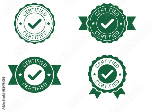 Four circular and ribbon-shaped green certified stamps with checkmarks.