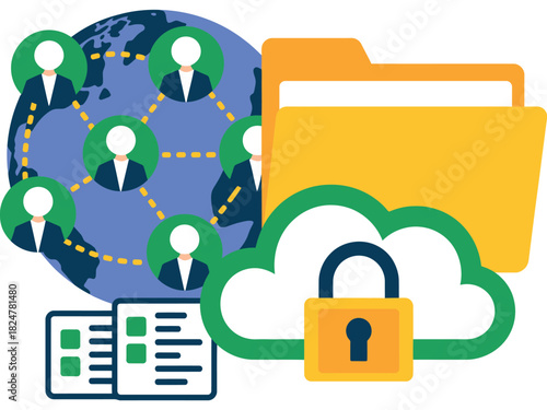 Digital connection and data security represented by a globe, network of people, and a locked cloud.
