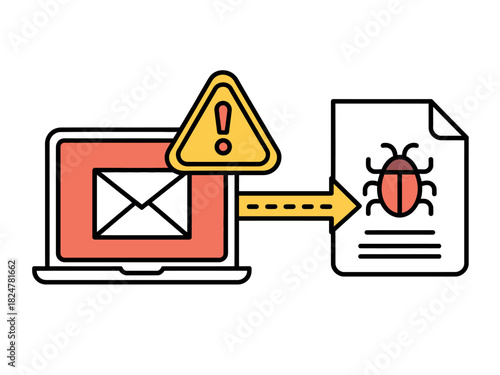 Computer screen shows an email with a warning symbol, and an arrow points to a document with a bug icon.
