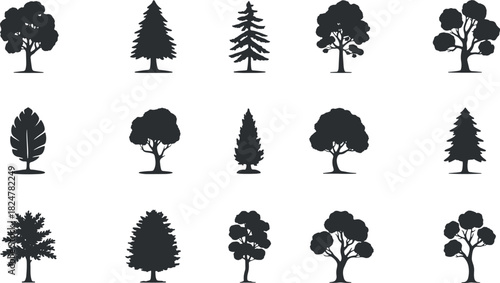 Tree Silhouettes Vector Set, Diverse Shapes and Nature Elements