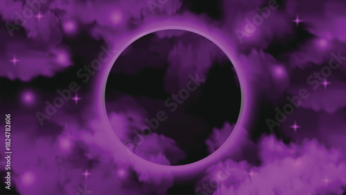 Glowing neon round frame with pink fog effect and glittering particles background