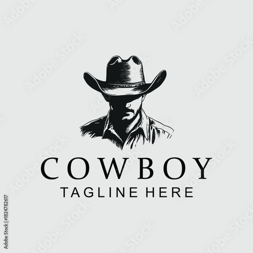 Black and white vintage illustration of a cowboy wearing a hat with a shadowed face, featuring text 'COWBOY TAGLINE HERE'.