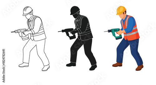 Construction worker holding a drill, presented in three styles outline, silhouette, and colored illustration