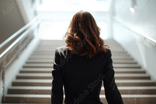 A woman wearing a black suit is walking up a set of stairs Free Download A woman wearing a black suit is walking up a set of stairs - GFXLoad