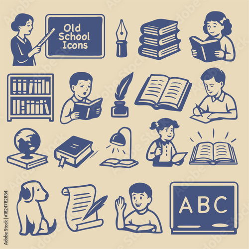 Retro-style education icons featuring children reading, writing, studying, and school elements. Vintage monochrome illustration suitable for learning, teaching, and back-to-school themes.