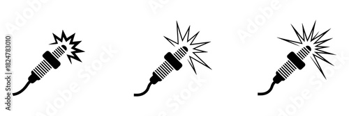 Spark plug icons set with electrical ignition sparks, representing engine power, automotive performance, and vehicle maintenance technology.