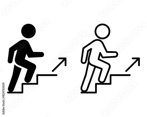 Person walking up stairs icon symbol representing progress, success, achievement, growth, career path, ambition, business development, personal improvement.