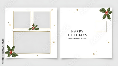 Elegant Happy Holidays postcard template with a three-photo collage layout, holly berry illustrations, and gold accents.