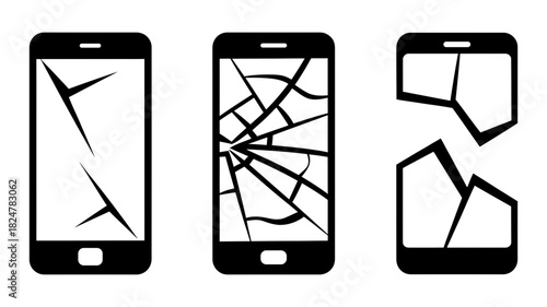Illustrative set of three distinct smartphone icons portraying screens with varying degrees of cracks and one device completely broken apart, repair.