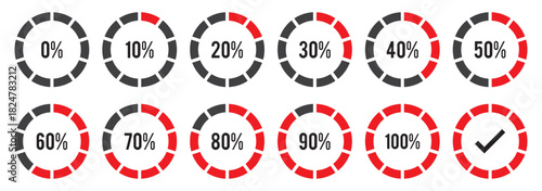 infographic and Progress, download, and upload, percentage meter with scale from 5 to 100. Vector