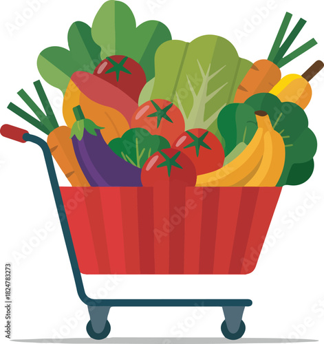 Shopping cart full of vegetables and fruits for healthy eating and lifestyle at the farmers market or local grocery store vector illustration 