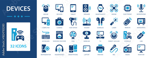 Devices flat icons collection. Tablet, computer, camera, TV, laptop, USB, smartphone, microwave, hair dryer, remote, radio, earbuds sign set.