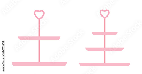 Set of pink tiered cake stand flat vector illustration.
Empty dessert or fruit tiered stand clipart.
Cupcake Stand.
Dessert Stand.
Tea Party.
White background.