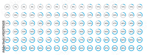 Round loading progress icons from 1 to 100. Vector illustration. Loading progress bar or infographic element.