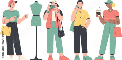 Shopping characters set pointing at mannequin and taking photos in fashion shop vector illustration 