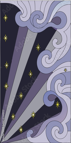 Dramatic deep blue night sky vector background with swirling clouds, rays, and scattered golden stars. Русский: Эффектный тёмно-синий векторный фон ночного неба с вихревыми облаками, лучами и рассыпан