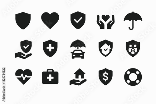 Set of black insurance and healthcare icons featuring shields, hearts, and umbrellas