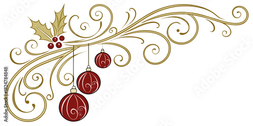Elegant vector Christmas swirl design with holly berries and festive red baubles hanging from the flourish