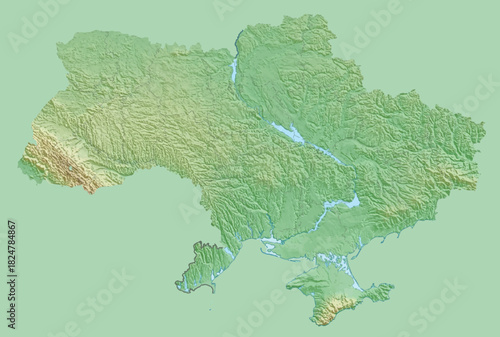 Detailed relief map of Ukraine. Mountainous relief. Vector illustration. For printed posters.