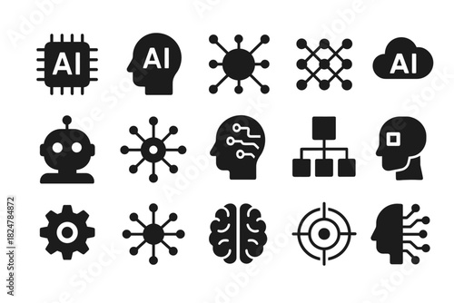 Ai technology icons set featuring robots and neural networks