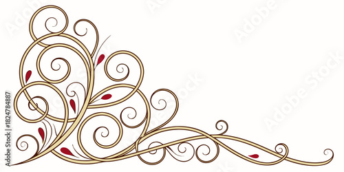Intricate filigree corner with elegant golden curls and dark red decorative teardrops or leaves, forming a complex yet graceful structure on a white background.