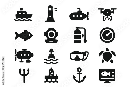 Black nautical icons set: boat, lighthouse, submarine, scuba, drone, fish, anchor, turtle