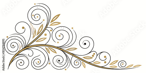 Vintage flourish corner ornament featuring gently layered golden leaf textures and smooth swirling curls with tiny sparkling accents on a white background.