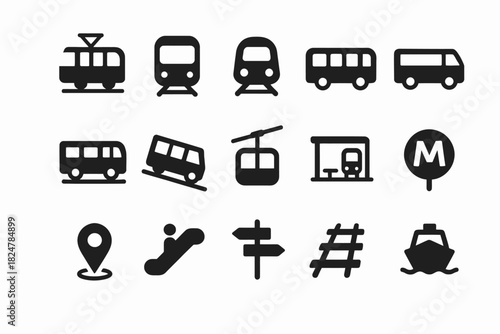 Set of transportation icons featuring trains buses cable cars signs and escalators