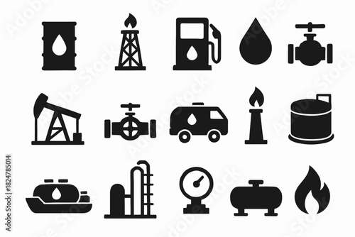 Oil and gas industry icons: pumps, tanks, gauges, valves, and more