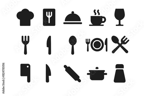 Set of kitchen and dining icons featuring common utensils and dishware silhouettes