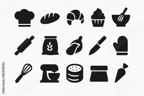 Collection of baking icons: bread, croissant, cupcake, mixer, rolling pin, whisk