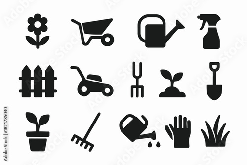 Garden tool icons: wheelbarrow, watering can, shovel, sprouting plants, gloves