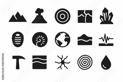 Geology icons set: mountains, volcano, earthquake, crystals, globe