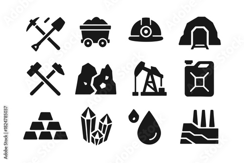 Mining and industry icons: tools, equipment, and resources collection